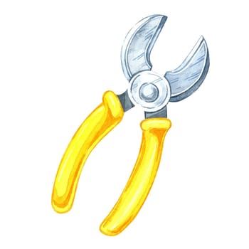 Wire cutter with vibrant yellow handles and a sharp metallic cutting edge. Watercolor clipart of the workshop tool. Ideal for electronics-related designs, tool branding, or instructional materials