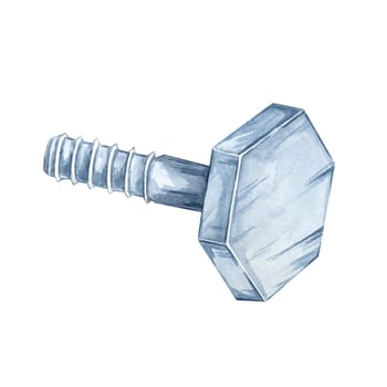Metal bolt with a hexagonal head and threaded shaft. Watercolor clipart of the workshop tool. Perfect for use in mechanical designs, tool branding, DIY, flyers and industrial engineering projects