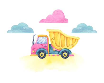 Yellow dump truck with a pink cab with blue and pink clouds in the background. Vehicle toy Watercolor clipart for use in children's room decor, educational posters, or toy packaging designs