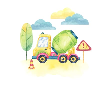 Cement mixer truck surrounded by trees, a traffic cone, and a warning sign. Vehicle toy Watercolor clipart for use in road safety materials, children's storybooks, or construction site illustrations