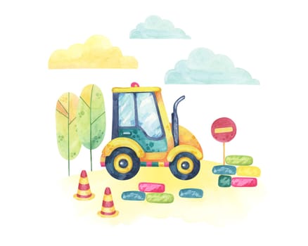 Forklift truck in a construction site, surrounded by trees, road signs, and a traffic cone. Vehicle toy Watercolor clipart for use in safety materials, children's education, or transportation designs