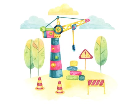 Colorful tower crane set in a construction site with barriers, road signs, and trees. Vehicle toy Watercolor clipart for use in construction project illustrations, children's storybooks, or posters