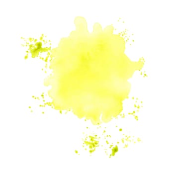 Watercolor splash backdrop template. Abstract stains texture design element in lemon yellow color. Refreshing hand painted ink spill background for invitation, save the date, wedding, postcard, quotes