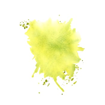 Watercolor splash backdrop template. Abstract stains texture design element in yellow green color. Refreshing hand painted ink spill background for invitation, save the date, wedding, postcard, quotes