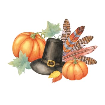 Traditional Pilgrim hat with feathers, paired with a large orange pumpkin and smaller pumpkins. Isolated watercolor clipart for Thanksgiving-themed projects, invitations, and seasonal decorations