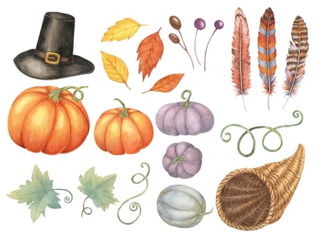 Collection of fall elements, including pumpkins, a Pilgrim hat, feathers, and leaves. Watercolor clipart set for creating Thanksgiving invitations, seasonal home decor, or holiday merchandise
