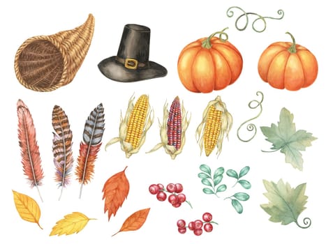 Thanksgiving watercolor clipart set including a Pilgrim hat, pumpkins, feathers, dried corn, cranberries and autumn leaves. Ideal for crafting invitations, seasonal greeting cards, or festive flyers