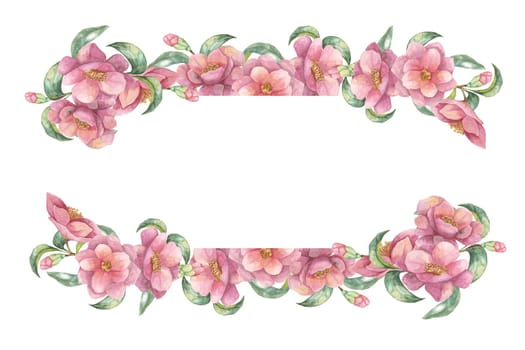 Rectangular frame made of lush pink camellia flowers intertwined with green leaves. Isolated floral watercolor clipart for wedding stationery, social media graphics, or product labels