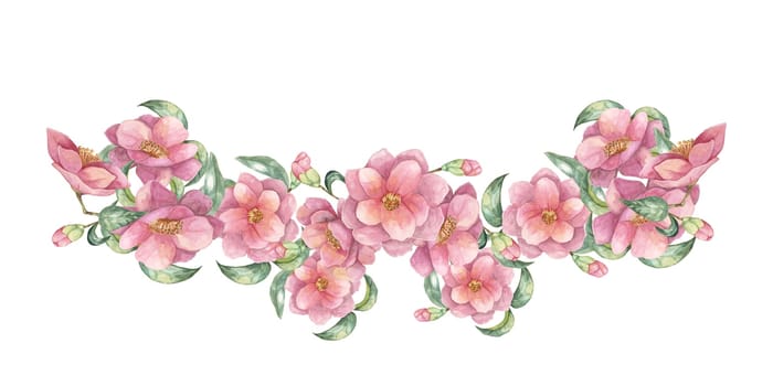 Camelia japonica flowers band with green leaves in watercolor. Hand-drawn isolated floral Clipart of pink blooming flowers, composition for wrapping paper, tote bags, wedding invitations, stationery