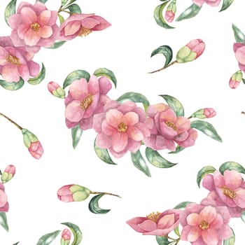Pink camellia flowers with green leaves seamless pattern. Camellia japonica fabric pattern. Floral watercolor clipart Ideal for textile design, wrapping paper, or digital backgrounds