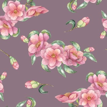 A seamless pattern of pink camellia flowers and green leaves on a muted mauve background. Floral watercolor Clipart perfect for fashion textiles, wallpaper, or decorative product packaging.
