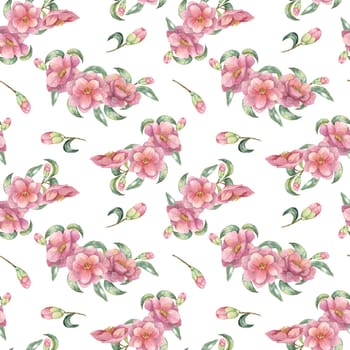 A seamless watercolor pattern featuring pink camellia flowers and green leaves. Camellia japonica botanical fabric design. Clipart perfect for creating stylish textiles, wallpaper