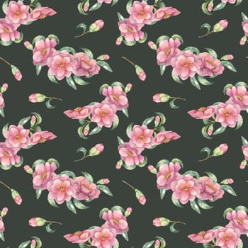 Seamless pattern of pink camellia flowers with green leaves, set against a dark green background. Floral watercolor clipart Ideal for use in fabric design, gift wrap, or stationery
