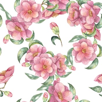 A watercolor seamless pattern clipart of pink camellia flowers with green leaves and buds. This floral design is perfect for use in invitations, fabric prints, home textiles, cushions