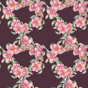 Seamless pattern of pink camellia flowers and green leaves on rich, burgundy background. Fabric floral decor. Watercolor clipart Ideal for textile design, wallpaper, curtains or elegant gift wrap