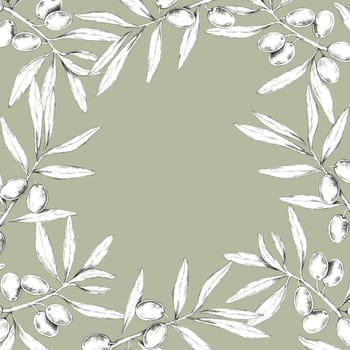 Olive branches arranged in a square border against a muted green background, with detailed olives and leaves. Pencil drawing clipart for olive oil, natural soaps, and eco-friendly skincare products