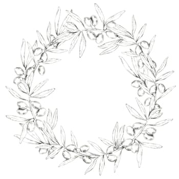 Round wreath made of olive branches, showcasing intricately detailed olives and leaves. Pencil drawing clipart for wedding invites, save the date, packaging of premium olive oil, organic cosmetics