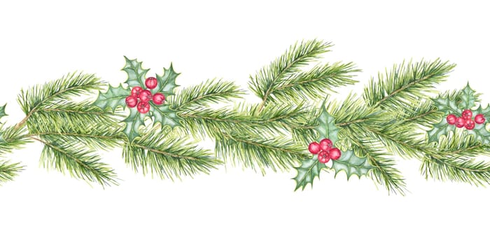 Green pine branches accented by clusters of red holly berries. Watercolor seamless border clipart. Illustration for holiday packaging, festive labels, or social media graphics with a Christmas theme
