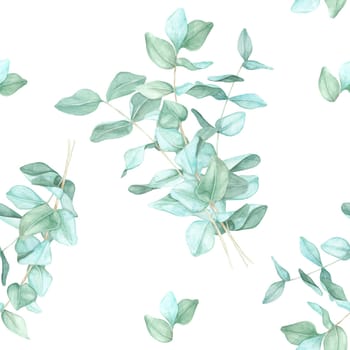 Single eucalyptus branches with light green leaves in a hand drawn watercolor illustration. This seamless pattern clipart works well for stationary products, packaging, and digital backgrounds