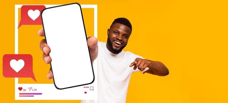 An influencer displays a smartphone with a blank screen, emphasizing social media interaction. The background is vibrant yellow, creating an inviting atmosphere for digital communication.