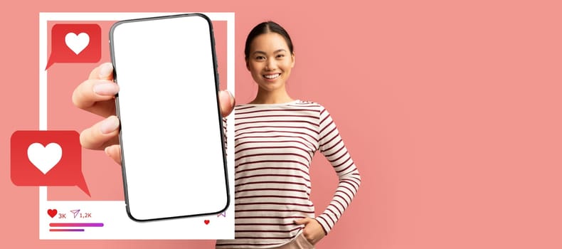 A smiling influencer holds a smartphone with a blank screen, ready to engage in social media activities. Speech bubbles with hearts indicate chatting and interaction online.