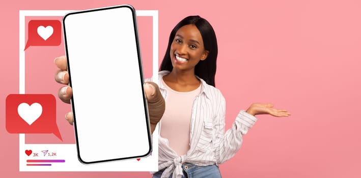 A young influencer holds a smartphone displaying a blank screen surrounded by heart and message icons. She smiles warmly against a pink background, conveying a playful social media vibe.