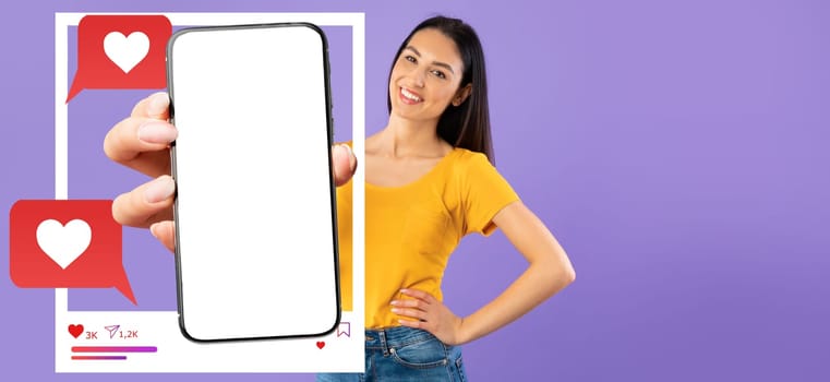 An influencer stands against a solid purple background, holding a smartphone with a blank screen. Chat bubbles and love icons indicate social media interaction and online messaging.