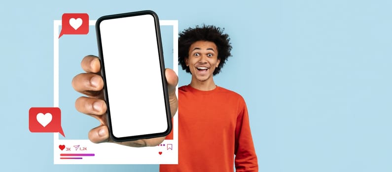 A cheerful influencer holds a smartphone with a blank screen, representing social media engagement. The backdrop is a simple light blue, accentuating the smartphone and messaging icons.