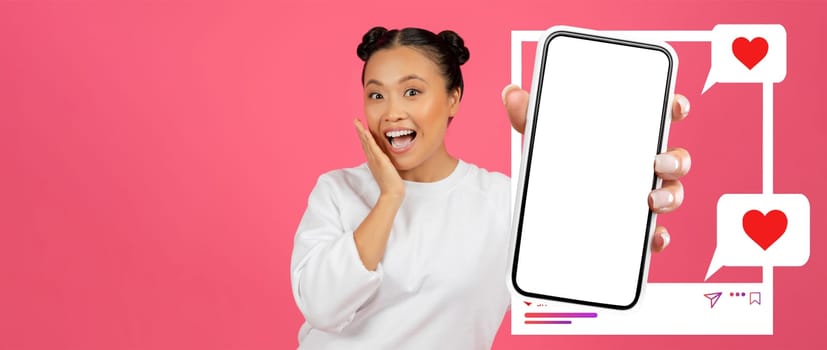 An influencer happily displays her smartphone with a blank screen, surrounded by floating hearts and chat bubbles, highlighting her excitement for online interaction and social media engagement.
