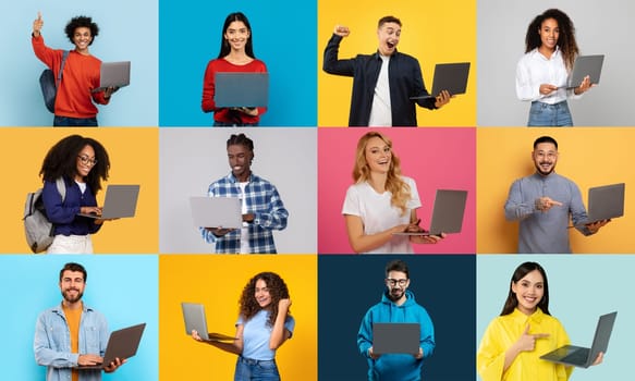 A cheerful collection of multiracial people celebrating their successes with laptops in a bright, colorful setting. They showcase a joyful lifestyle in a collaborative atmosphere.