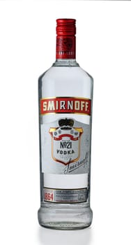 Gaziveren Cyprus -18.03.2025 A sleek bottle of premium vodka Smirnoff stands prominently, showcasing its elegant design.