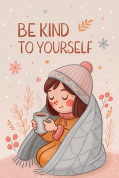 A girl sits wrapped in a cozy blanket with a warm drink, enjoying a peaceful moment surrounded by floral elements and soft colors. Generative AI.