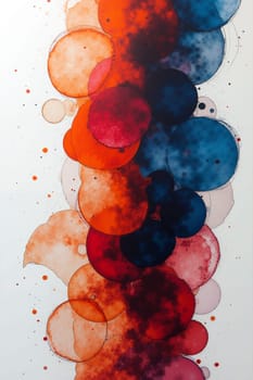 Abstract artistic background with vibrant arrangement of circular shapes in varying sizes and colors flows vertically, showcasing an exciting mix of red, blue, and peach hues. Generative AI.