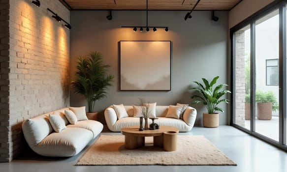 A cozy living room features a minimalist design with soft seating, a round wooden table, and lush indoor plants complemented by natural light - Generative AI