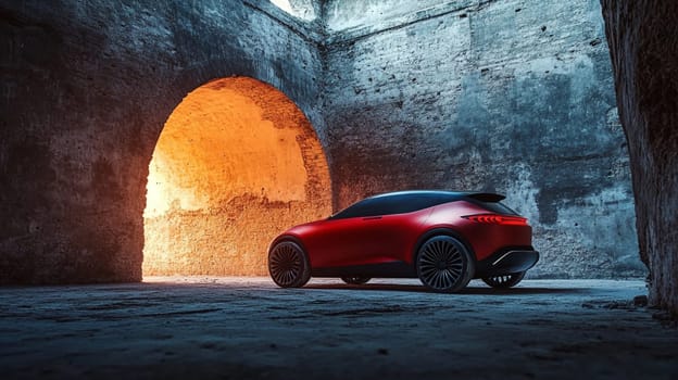 Generic modern red suv car is parked inside an old abandoned ruined building with warm golden light coming in through the large entrance