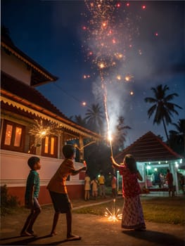 A lively scene of children and families lighting fireworks in a festive atmosphere at night, with bright lights and celebrations.
