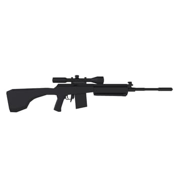 A sleek military rifle with a scope and suppressor, isolated on a clean white background.