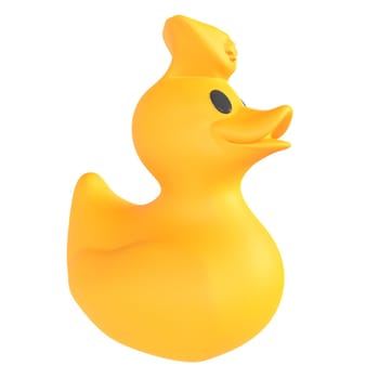 A cheerful yellow rubber duck toy with a smooth, rounded surface and black eyes sits still.