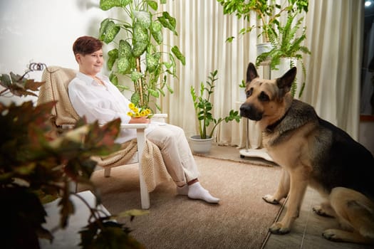 A woman relaxes in a cozy room, savoring time with her loyal German Shepherd amidst vibrant indoor plants.
