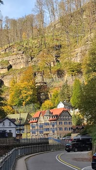 October 17 2024 Hrensko Czech Republic Europe Colorful hillside houses city centre town architecture street building autumn nature tree shotlisttravel travel tourism . High quality photo hotel hotels