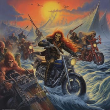Vintage oil painting of a warrior on a motorcycle at sunset - AI Generated