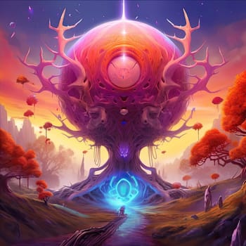 Fantasy landscape with strange tree. Digital painting. Vector illustration - AI Generated