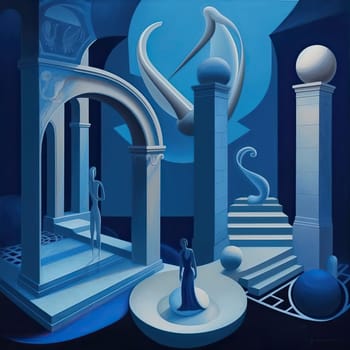3d illustration of an abstract scene with a man standing in front of the columns - AI Generated