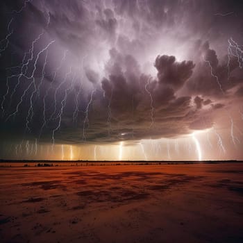Dramatic stormy sky with lightning over a desert landscape - AI Generated