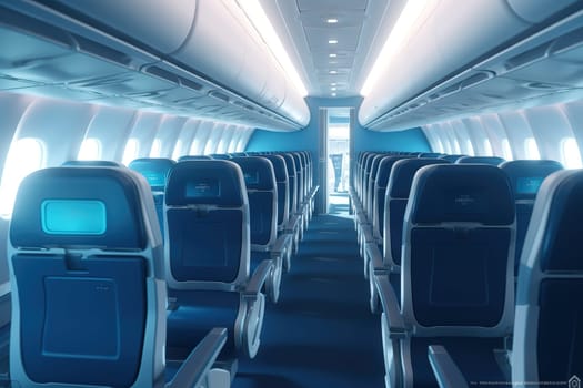 interior of empty modern aircraft with blue flight