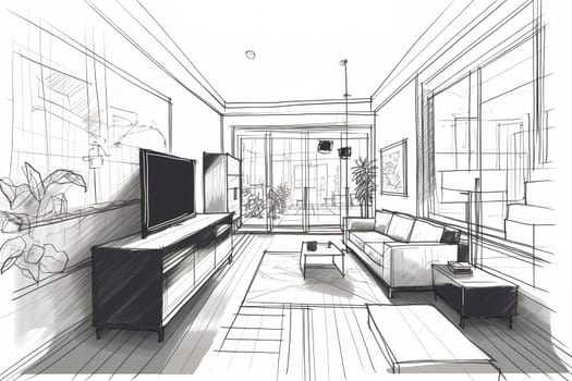 Line sketch of the interior living room