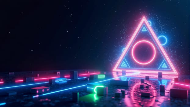 A neon sign with a triangle and a circle in the middle. The sign is surrounded by neon lights and he is in a futuristic city