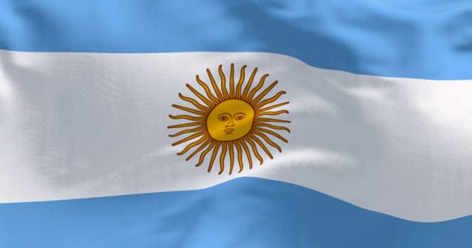 Argentina national flag fluttering in the wind. Three equal blue and white horizontal bands with the Sun of May in the center. 3d illustration render. Close-up. Pride and patriotism