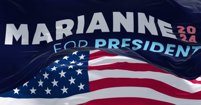 Houston, US, march 2023: Flags of Marianne Williamson election campaign and the national flag of the United States waving. 2024 US presidential elections. Illustrative editorial 3d illustration render