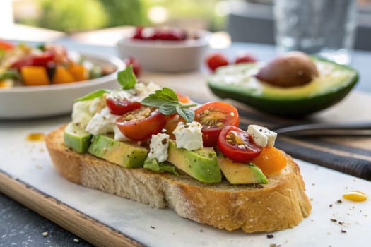 Delicious avocado toast topped with cherry tomatoes, herbs, and cheese is served on a wooden board. Fresh salads with vibrant ingredients are seen in the background during a sunny brunch setting.